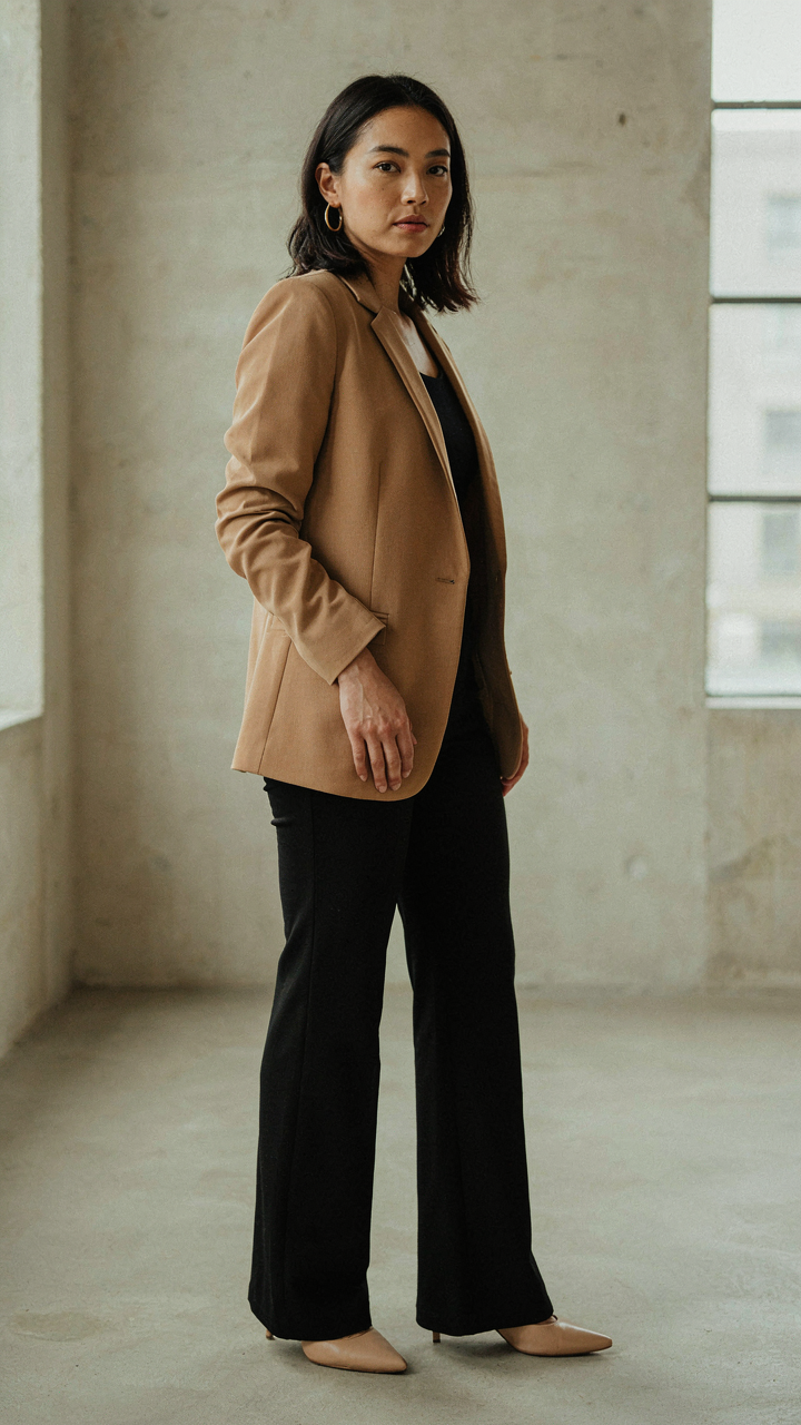 A stylish woman in a tailored blazer over a chic jumpsuit.