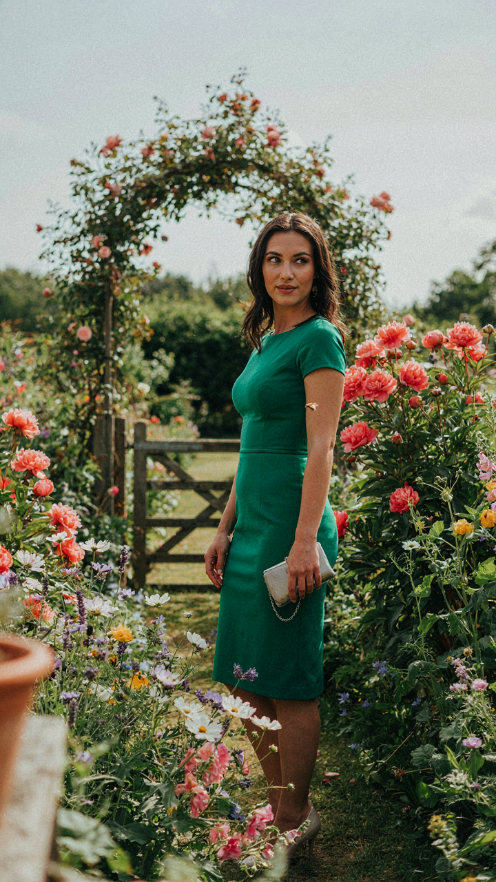 A woman in a green dress stands in a colorful garden, a stylish vow renewal guest outfit.