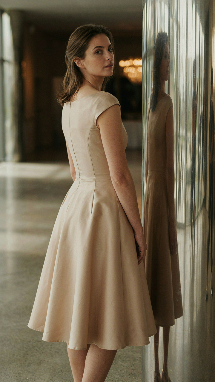 A woman in a structured dress observes her reflection in a chrome and glass venue.