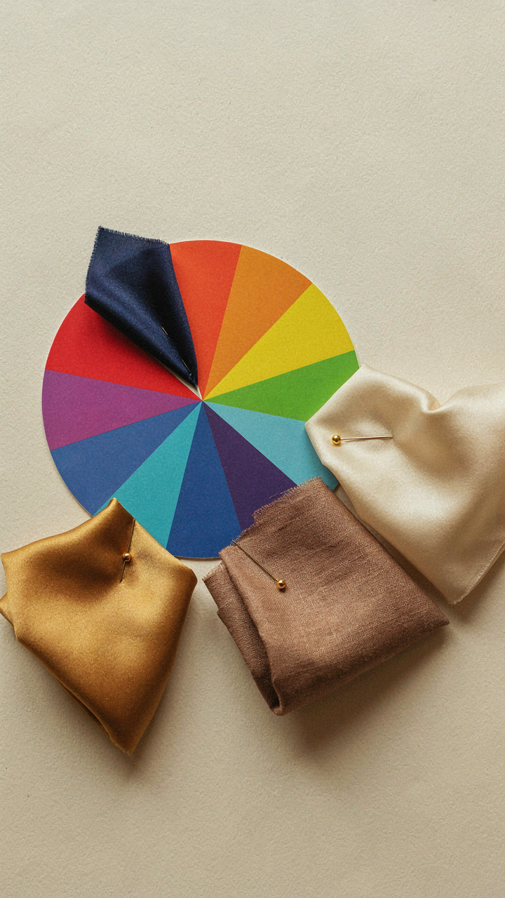 Color wheel with navy and complementary fabric swatches.
