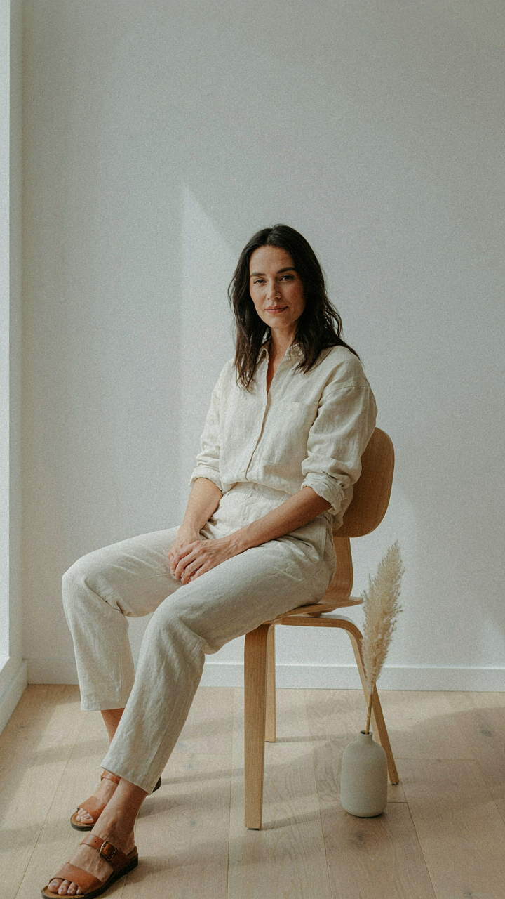 Woman in a comfortable jumpsuit sitting calmly with a serene expression.