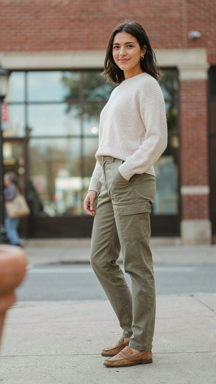 A person with confident posture, making eye contact and smiling.