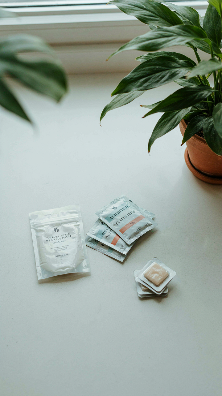 Travel-sized mineral sunscreen, electrolyte packets, and bandages for a destination wedding guest.