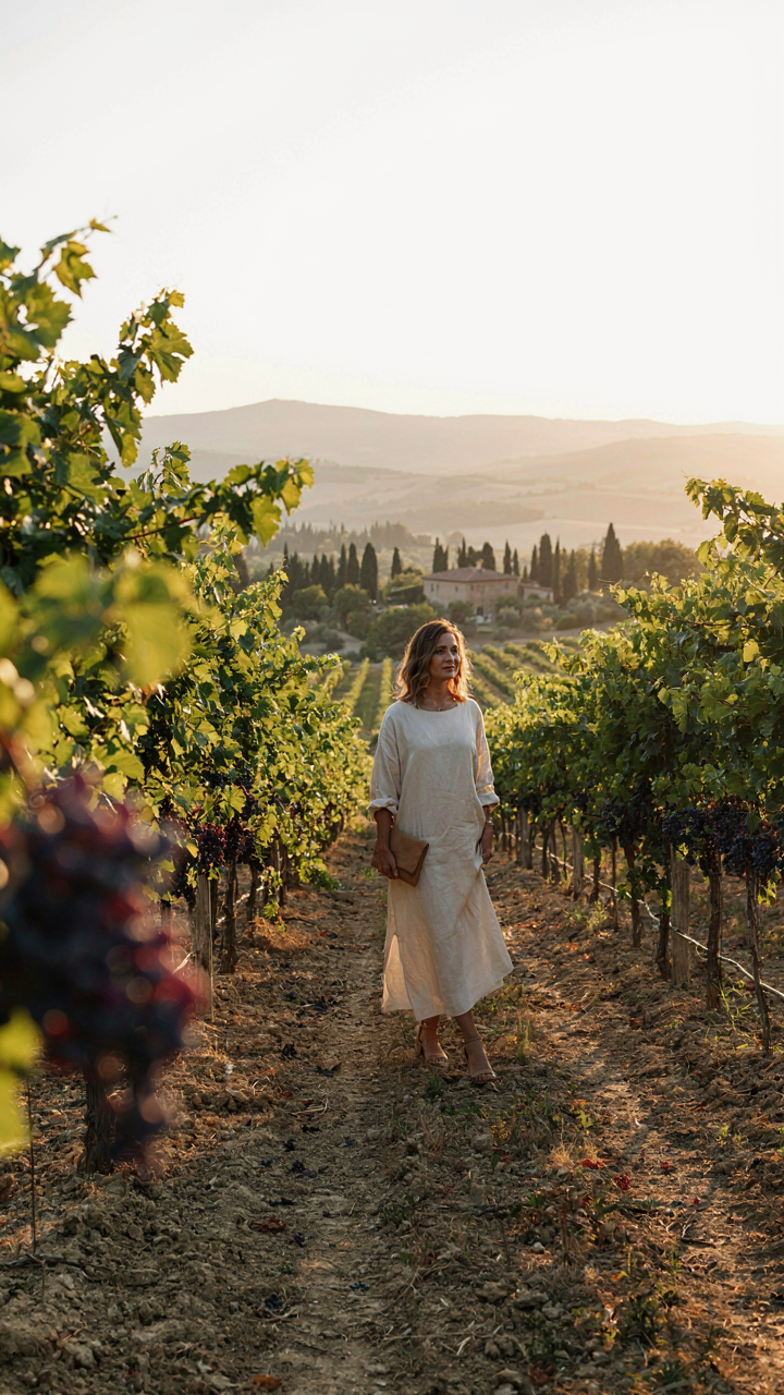 A woman in a flowing dress walks through a vineyard at sunset, comfortable in her vineyard wedding