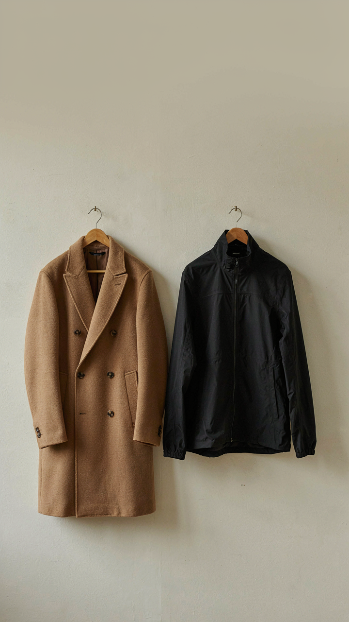 A tailored wool coat hangs next to a modern technical synthetic jacket.
