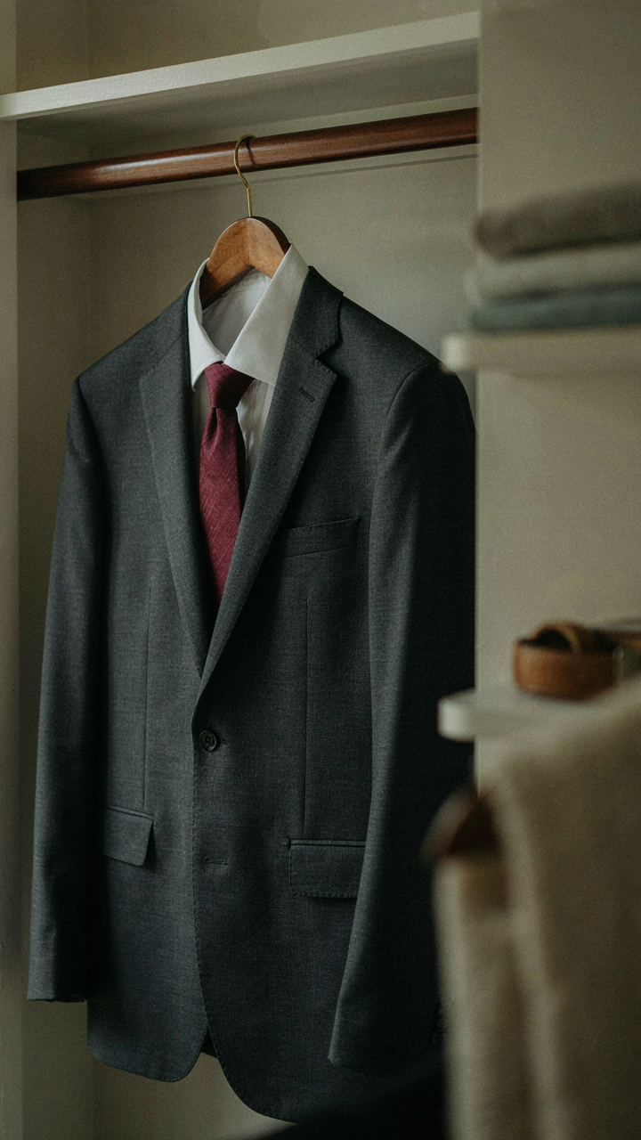 A charcoal blazer with a silk tie, ready to be worn as festive attire.