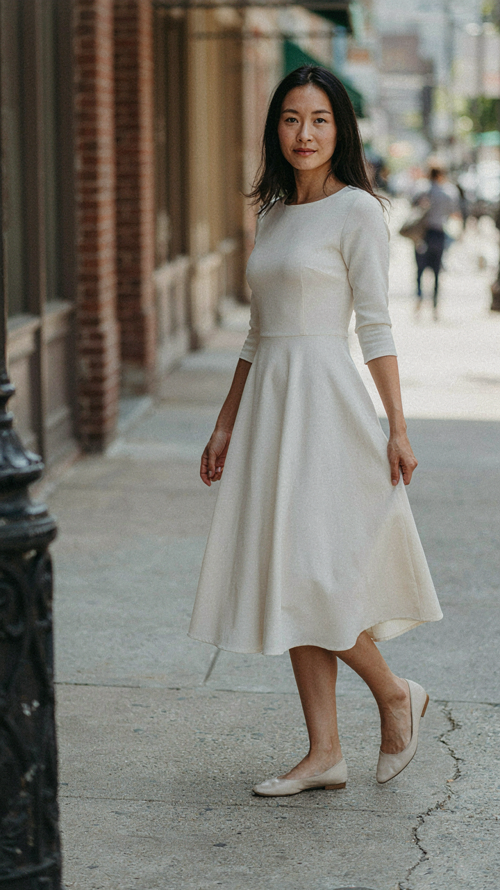 A woman walks confidently in a comfortable a line cocktail dress, showcasing fluid fabric.