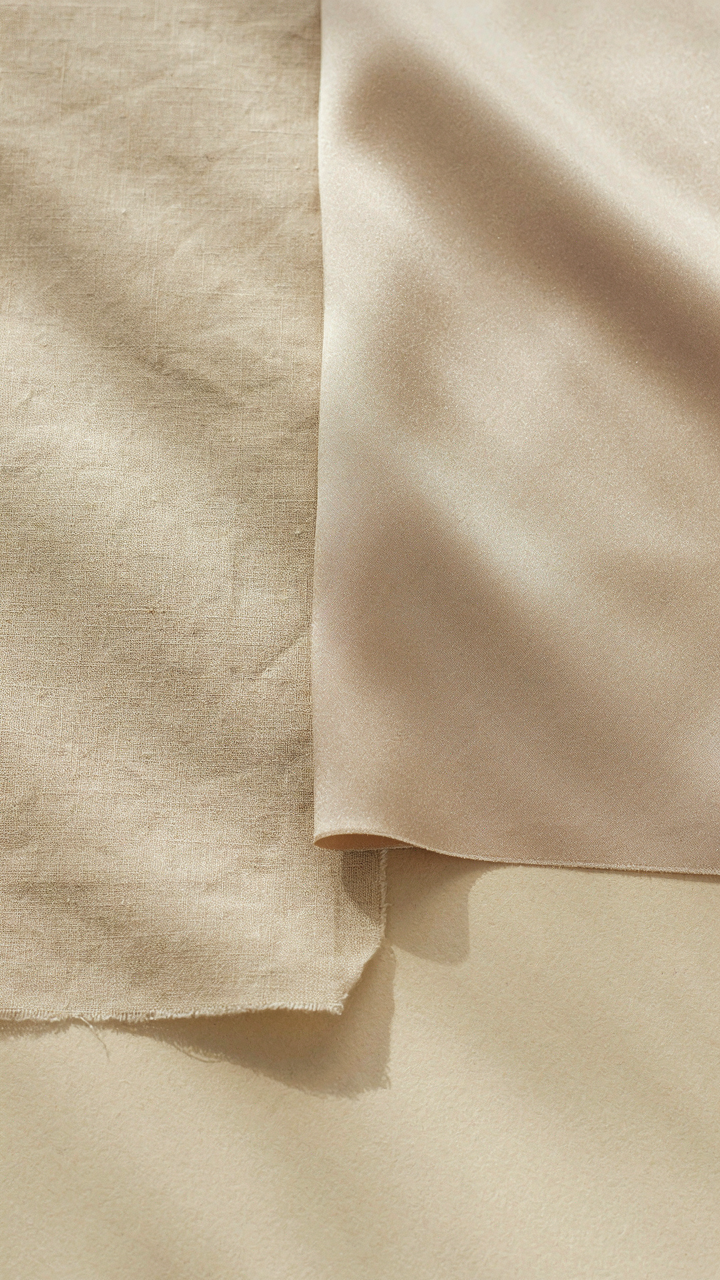 Matte linen and shimmering satin fabric swatches are placed side-by-side.