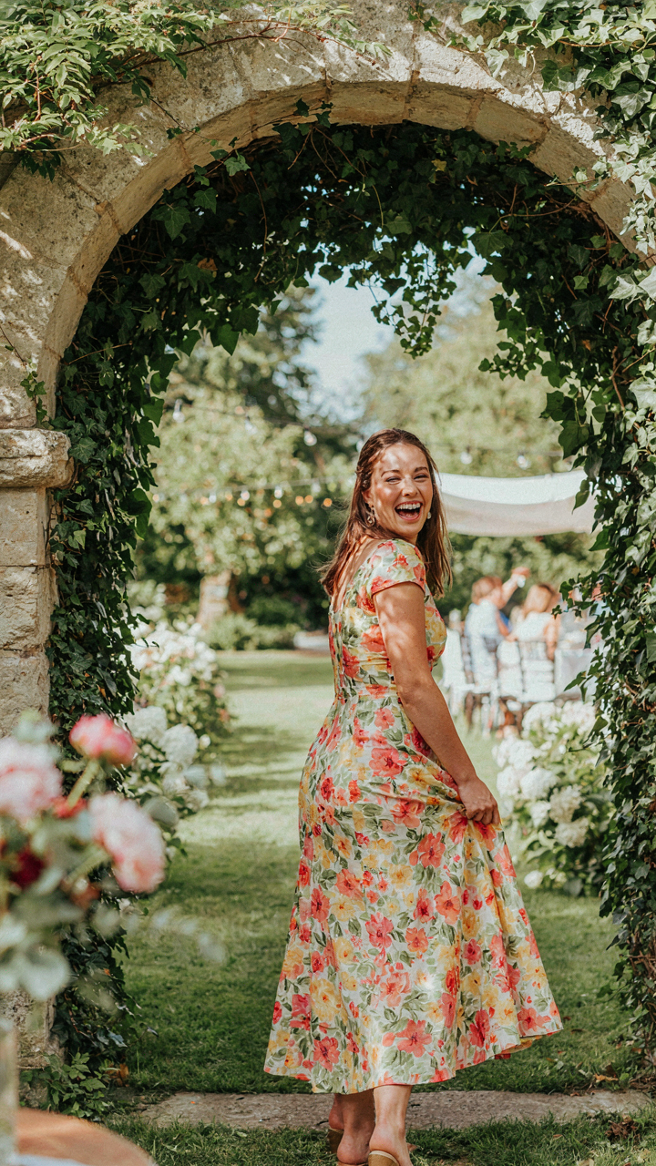 A woman in a floral dress laughs, walking through an ivy-covered archway.
