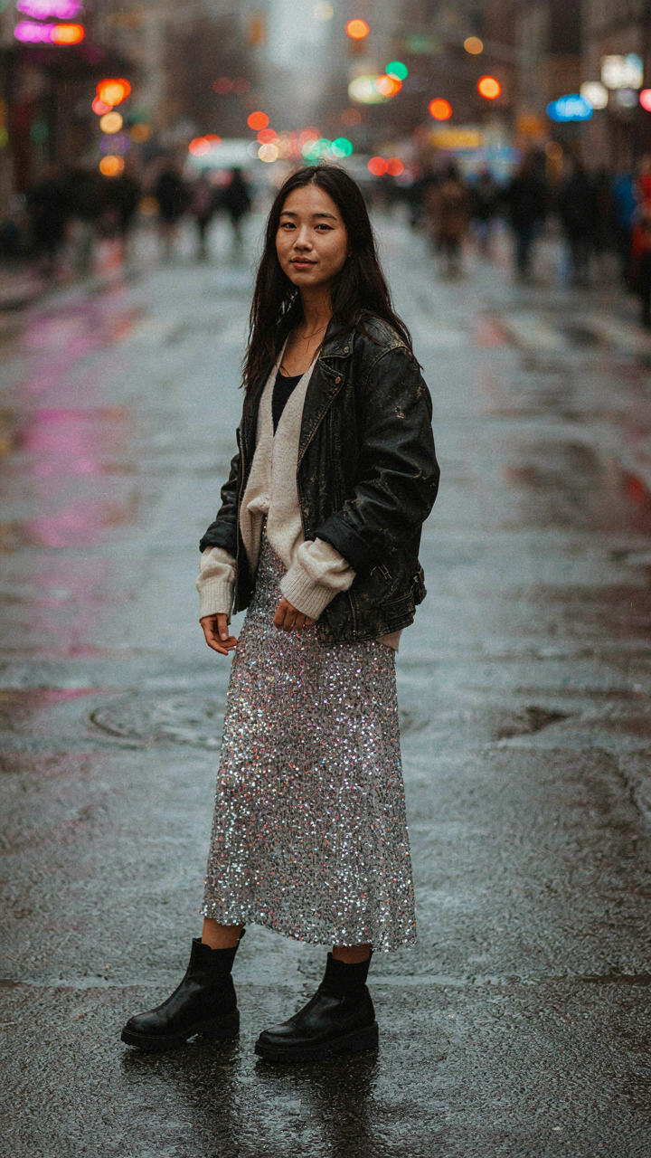 A sequin skirt is combined with a leather jacket and a soft sweater.