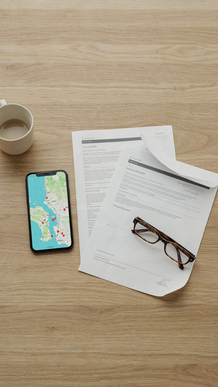 A smartphone shows offline maps, cruise documents, and insurance, ready for travel.