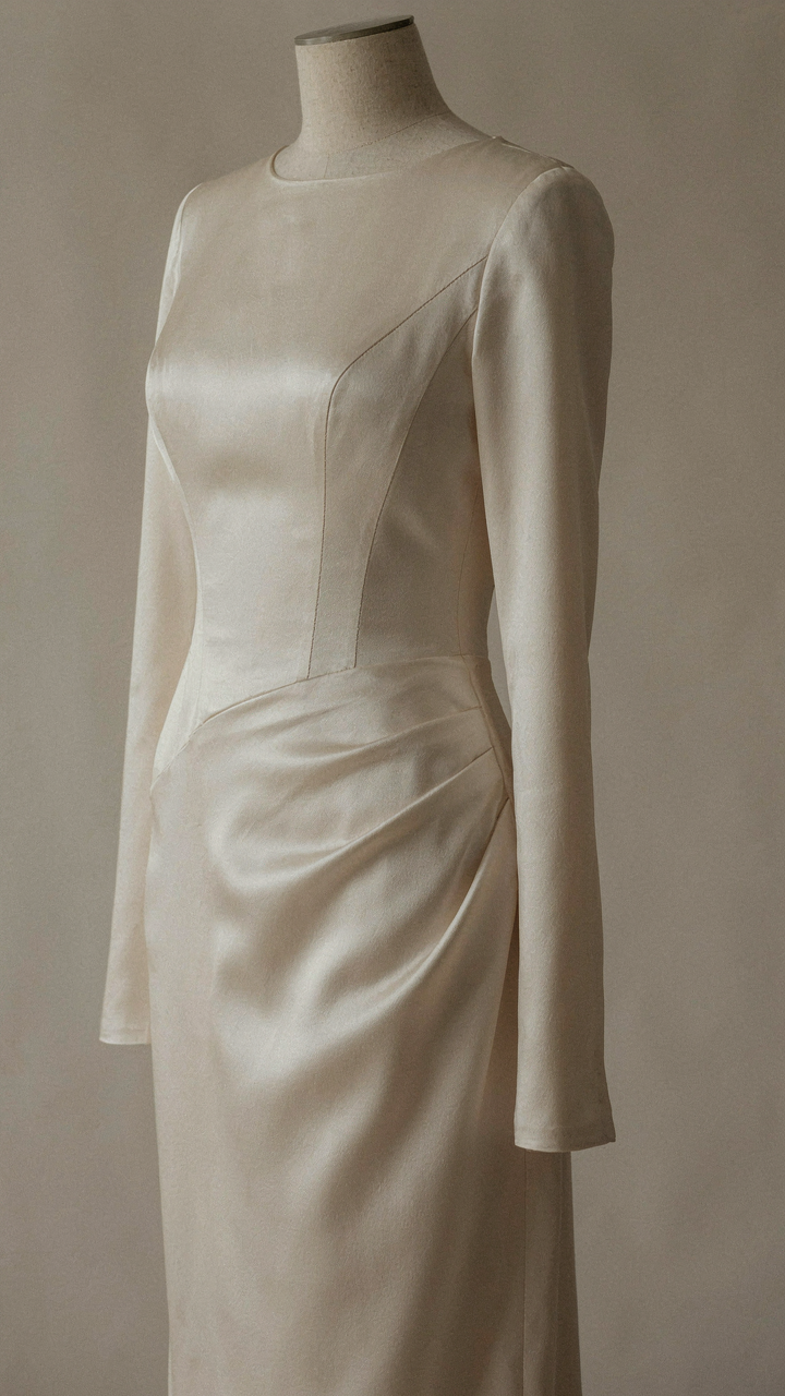 A dress on a mannequin shows strategic side ruching and princess seams.