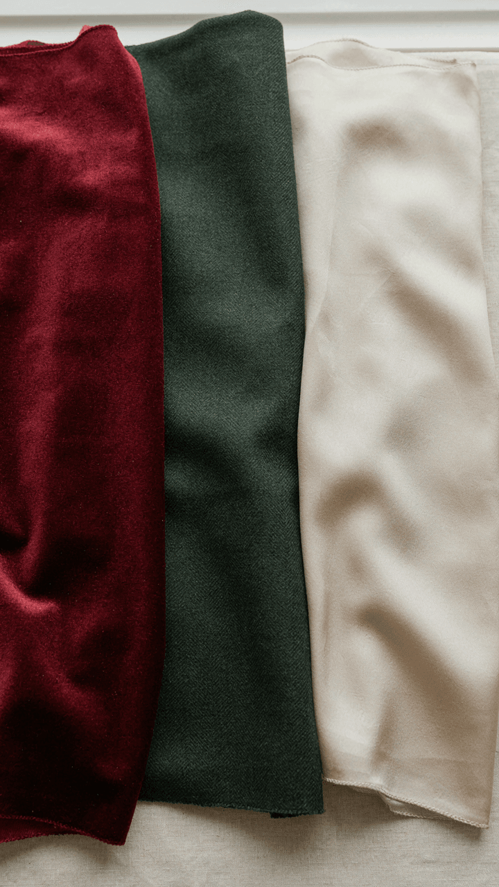 Close up of burgundy velvet, green wool, and thin silk fabric swatches.