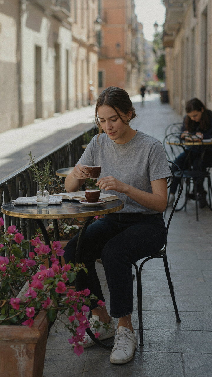 A person in dark jeans and a t-shirt drinks coffee at an outdoor cafe in Barcelona.