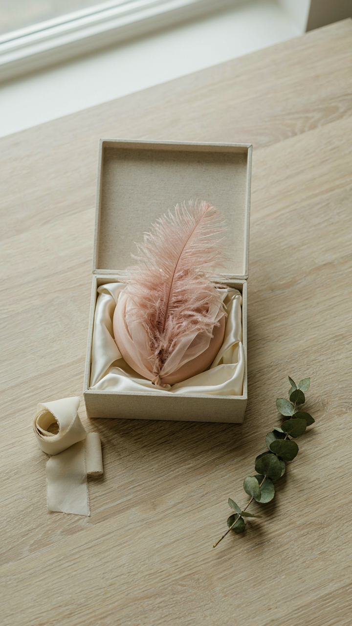 An elegant fascinator wrapped in tissue paper inside a storage box.