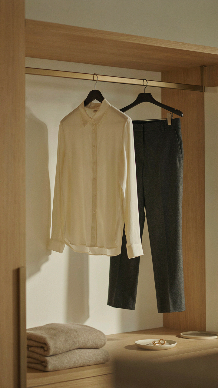 A silk blouse hangs next to tailored trousers in a modern closet.