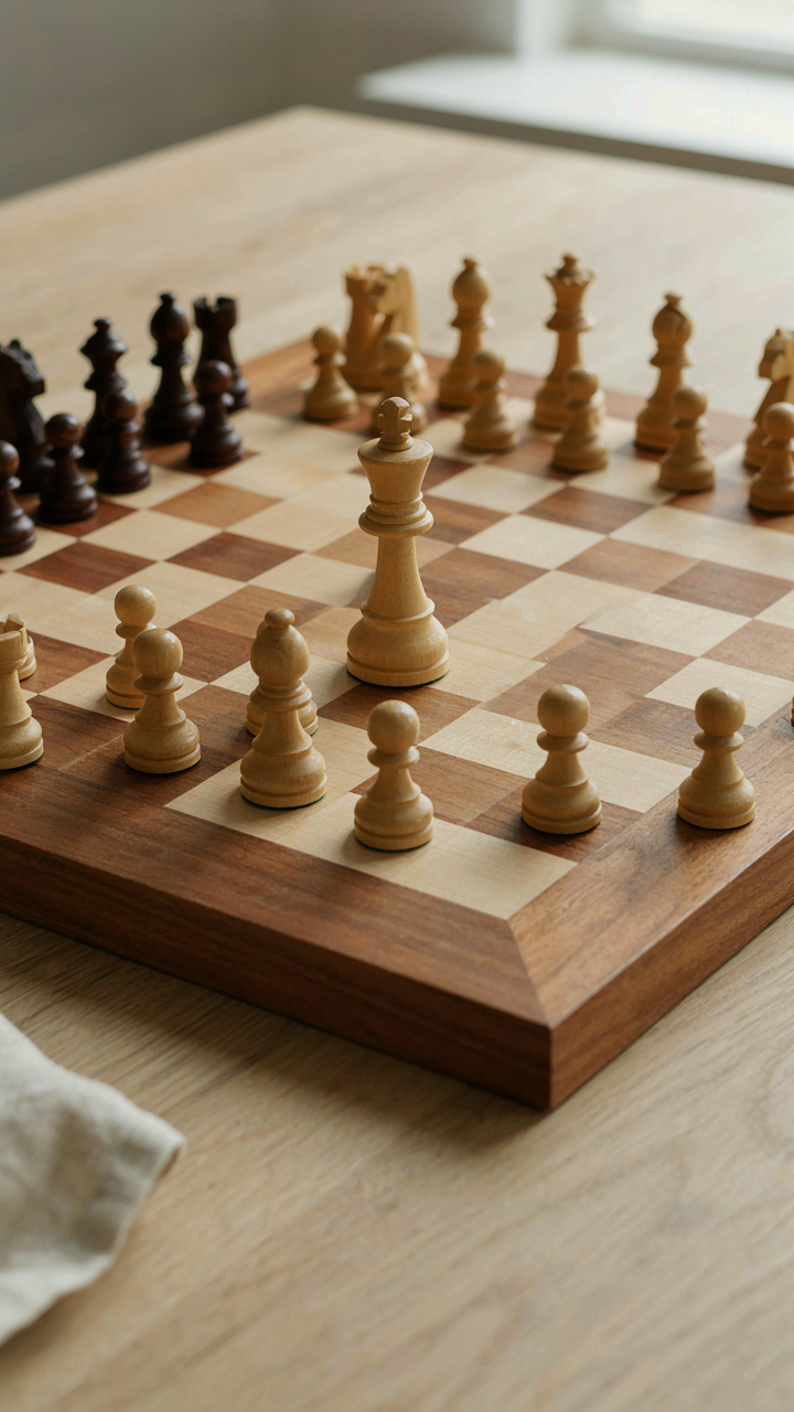 A king chess piece stands at the center of a board, surrounded by other pieces.