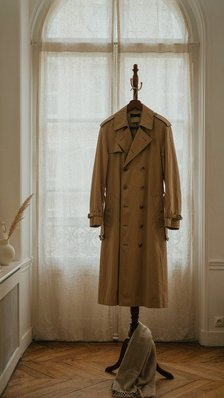 A classic trench coat hangs on a wooden stand in an apartment.