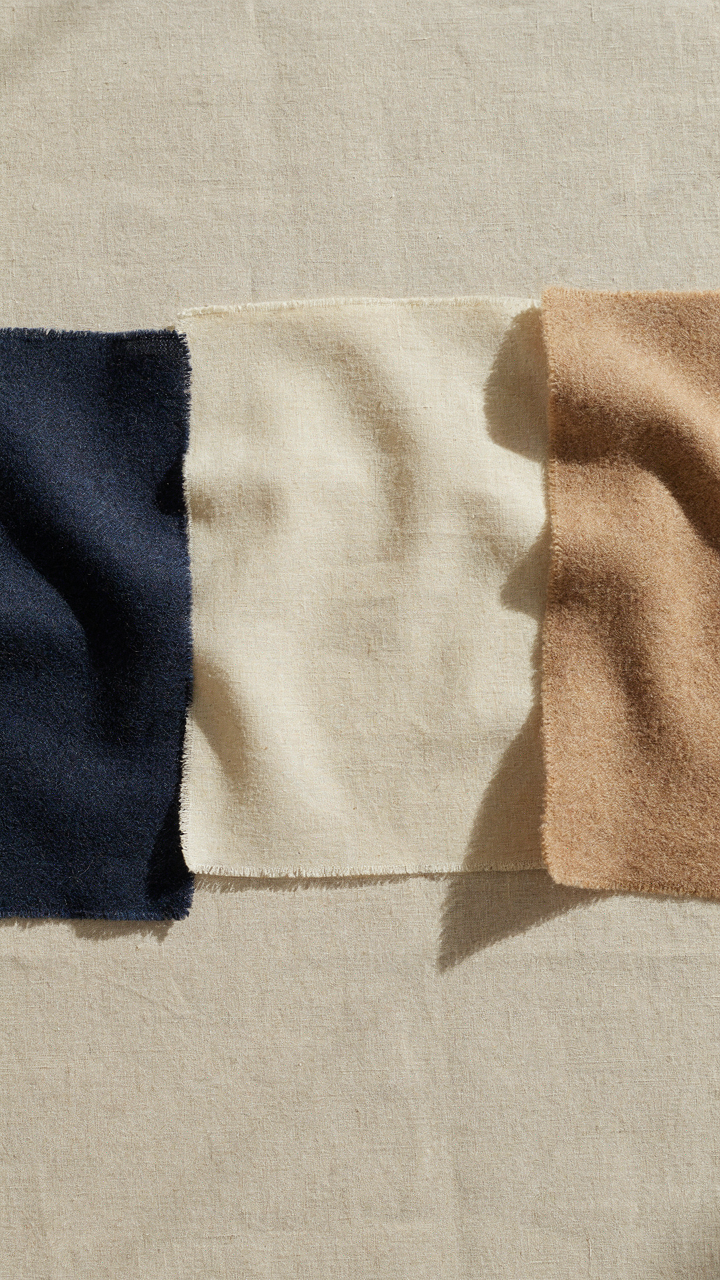 Fabric swatches in navy, cream, and camel show a consistent color palette.