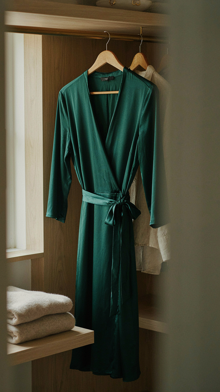 A classic, timeless wrap dress hanging in a wardrobe.
