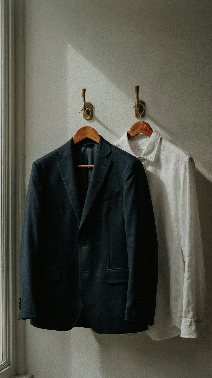 A classic tailored navy blazer hangs next to a crisp white linen shirt.