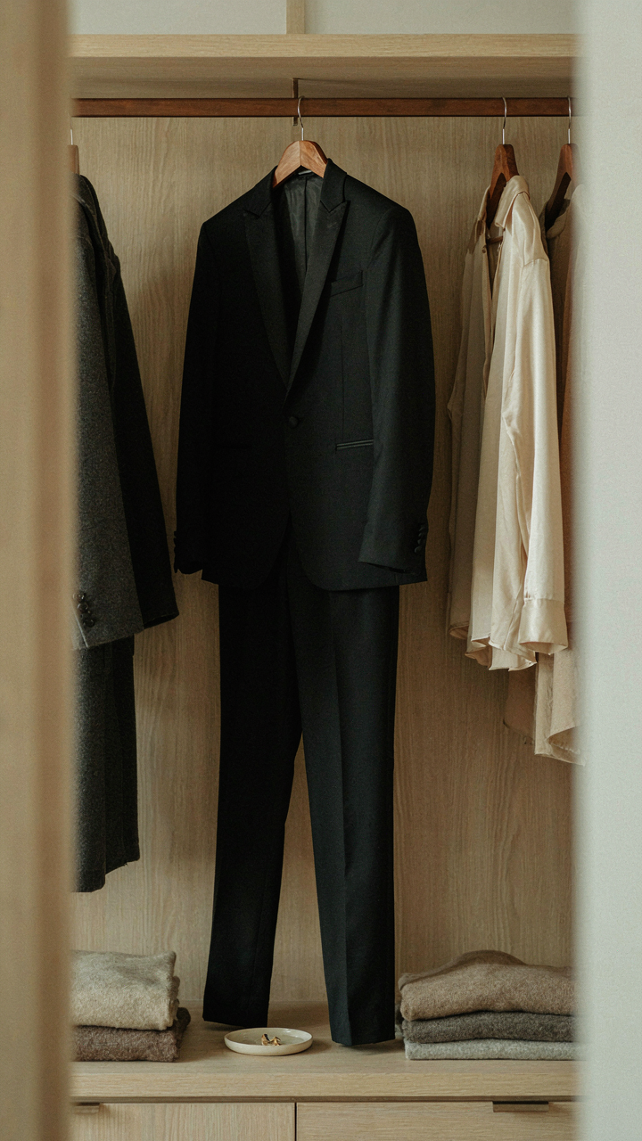 A classic tuxedo jumpsuit hangs in a well-organized capsule wardrobe.