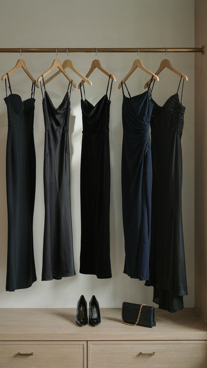 A small, curated collection of black and navy cocktail dresses hangs in a closet.