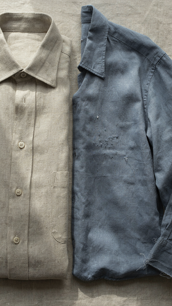 A detailed view shows durable merino wool next to a worn, pilling synthetic shirt.