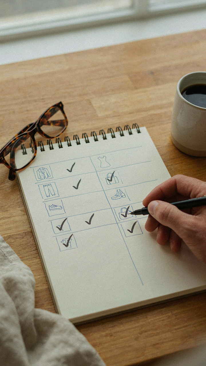 A hand uses a pen to check off items on a grid diagram for clothing versatility.