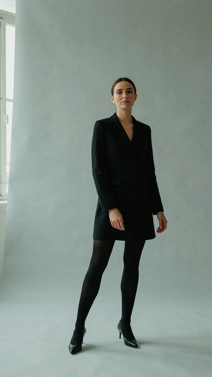 Woman in a black blazer dress, black tights, and black pumps forms a cohesive line.
