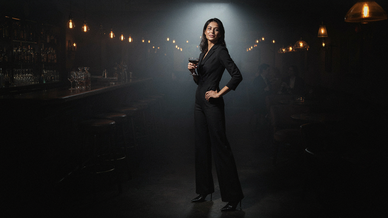 A woman in a black jumpsuit stands confidently in a cocktail lounge.