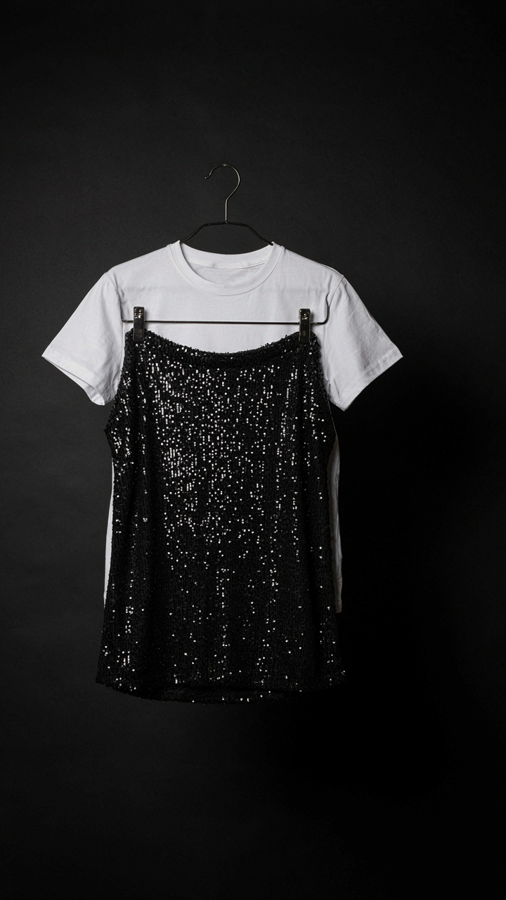 A black sequin skirt hangs next to a plain white t-shirt, showing minimalist styling.