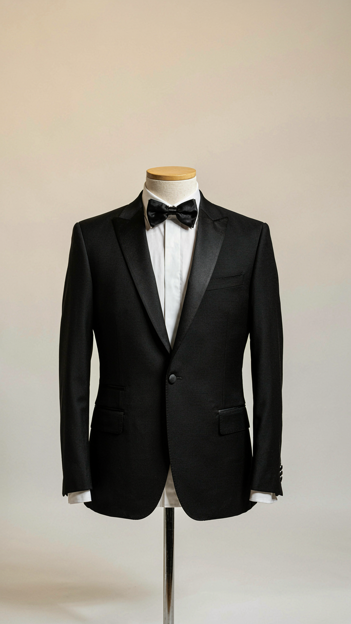 A black tuxedo jacket, white shirt, and bow tie on a mannequin.