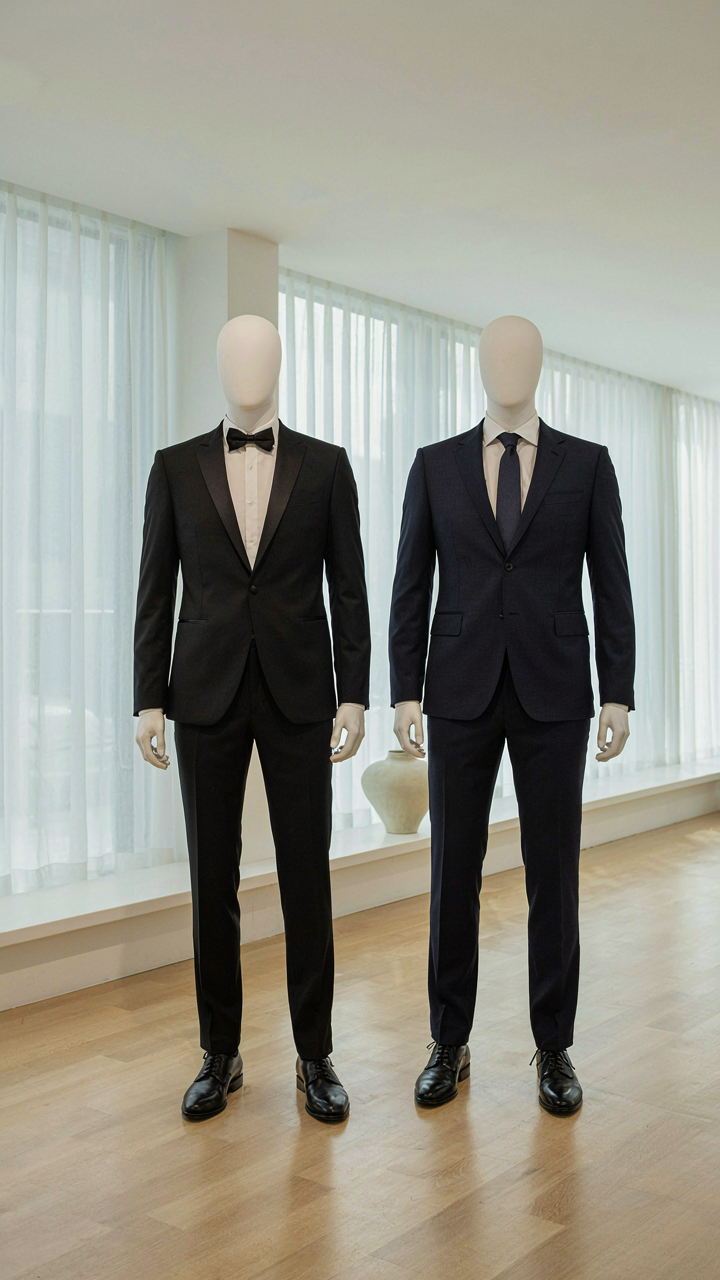 A tuxedo and a dark suit stand side-by-side on mannequins.
