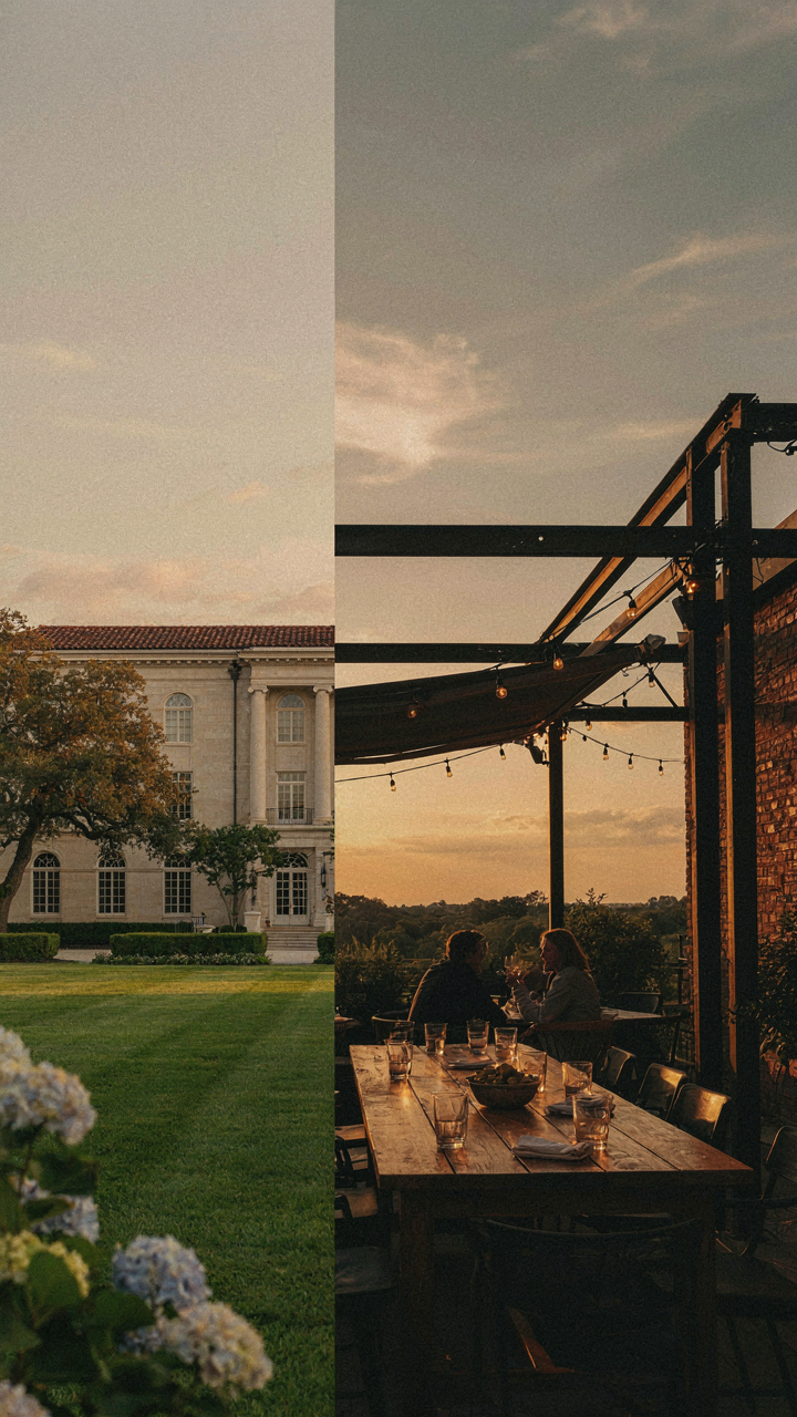 A formal country club exterior next to a modern rooftop bar.