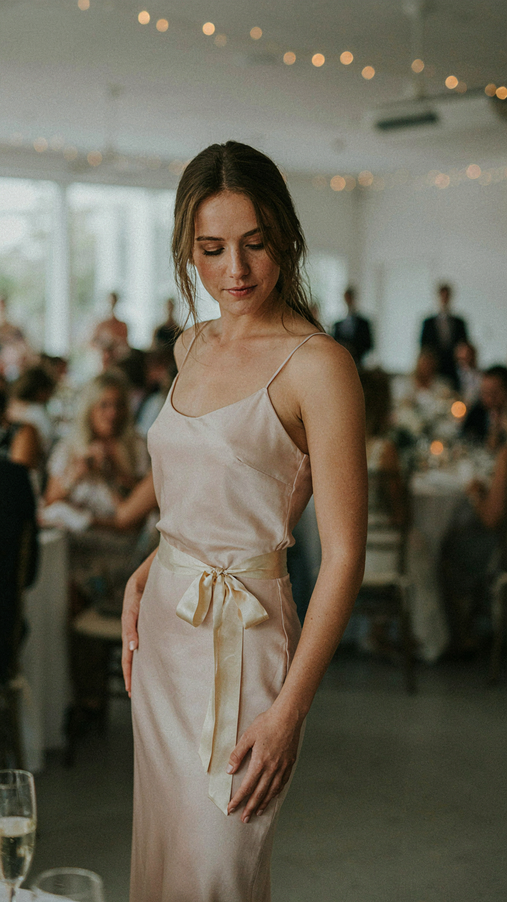 A satin sash tied around a woman's waist at a wedding.