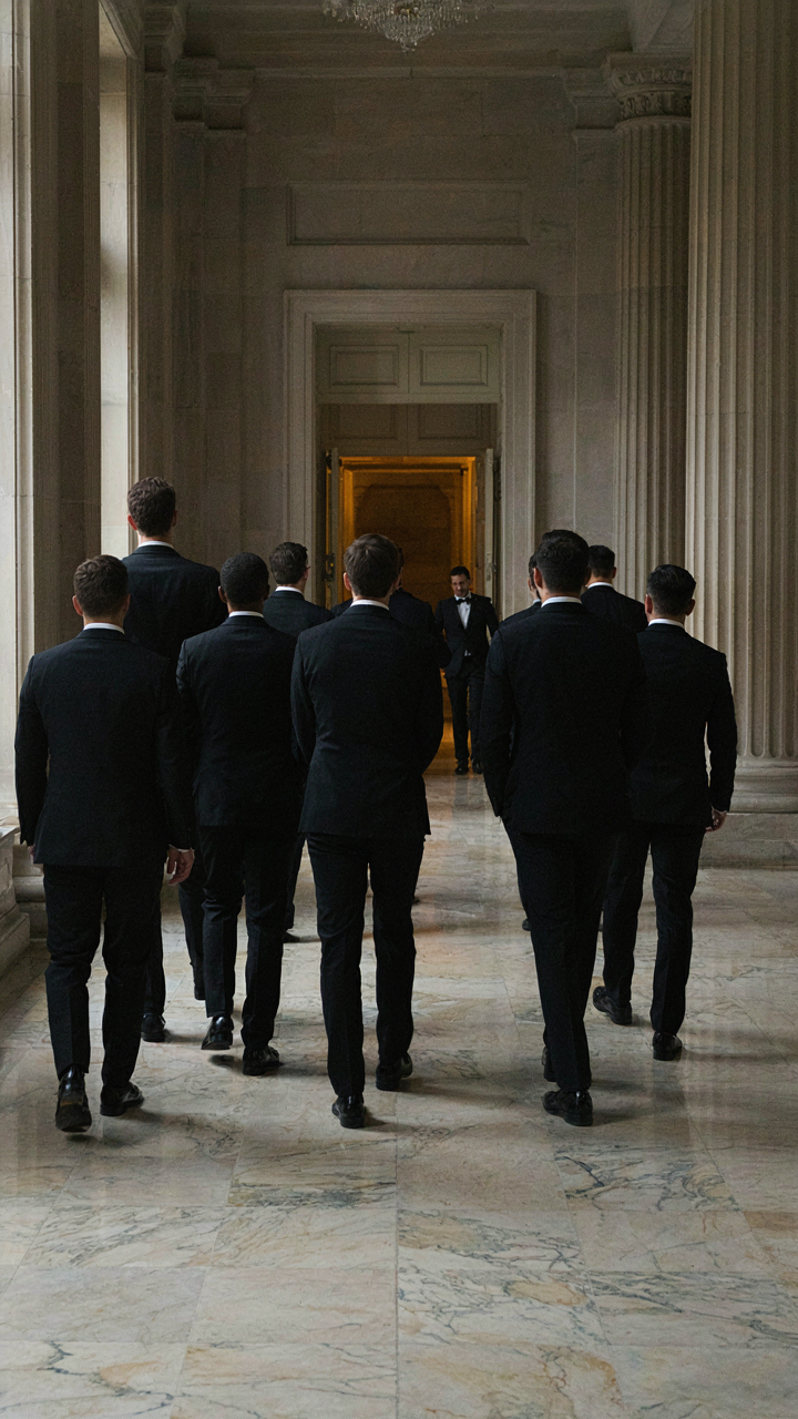 A group of identically dressed people in black tie walk into an event.