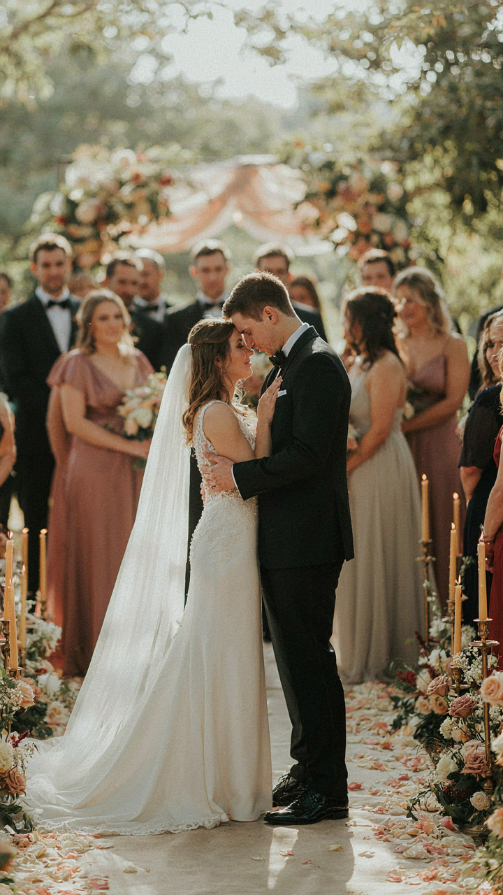A wedding couple is in the foreground, with black tie guests in the background.