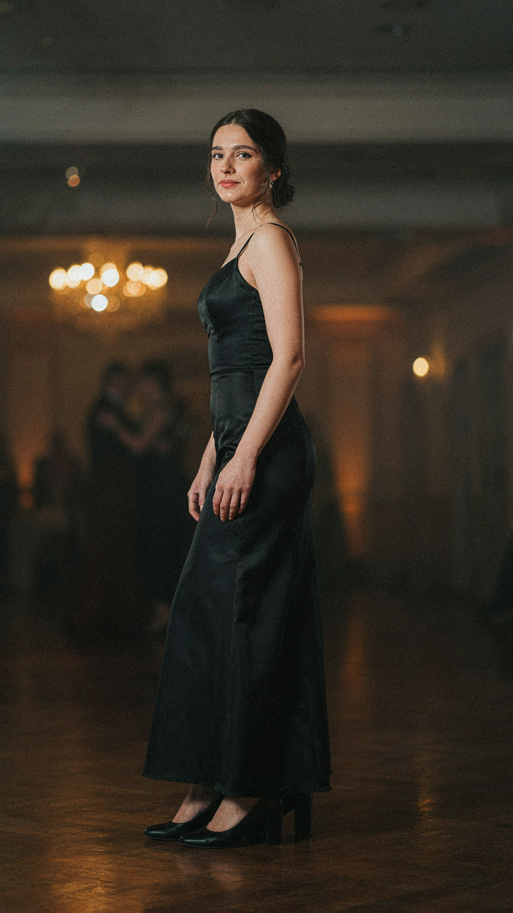 A woman in a black formal dress wears satin block heels on a dance floor.