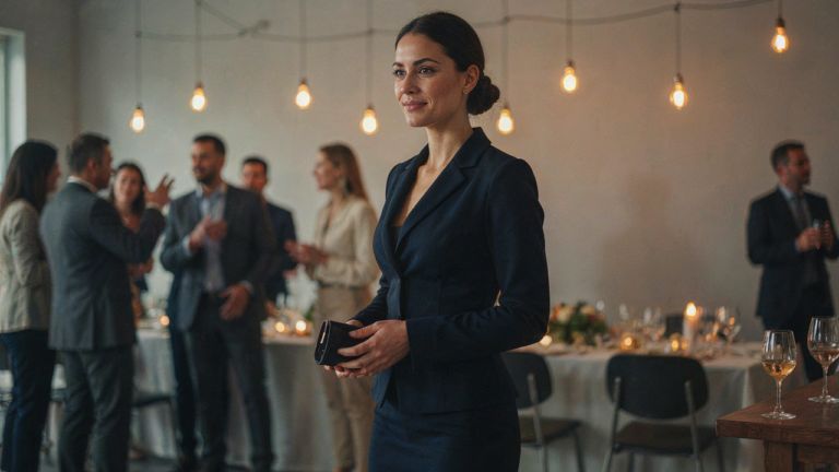 Woman in a navy blazer dress confidently observing a professional work party.