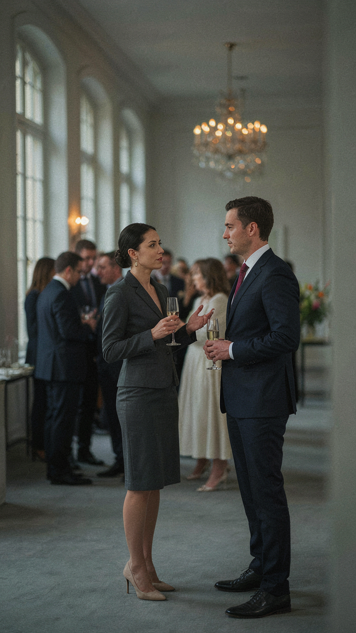 Two professionals networking discreetly at an event, one in a blazer dress cocktail.