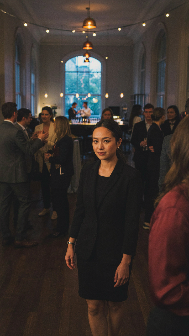 Woman in a black blazer dress with a metal cuff walks through a networking event.