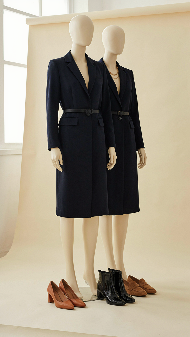 Navy blazer dress on a mannequin with interchangeable accessories for different looks.
