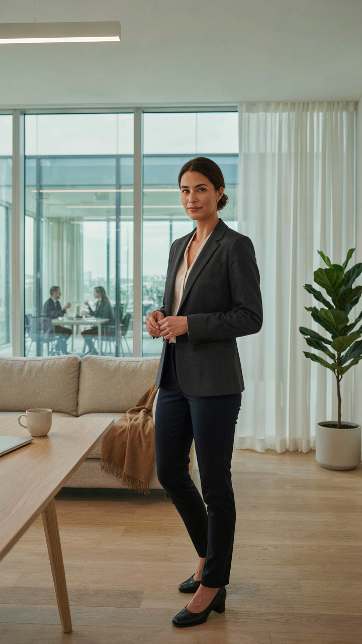 A woman in formal attire for women, a tailored blazer, stands in a bright office.