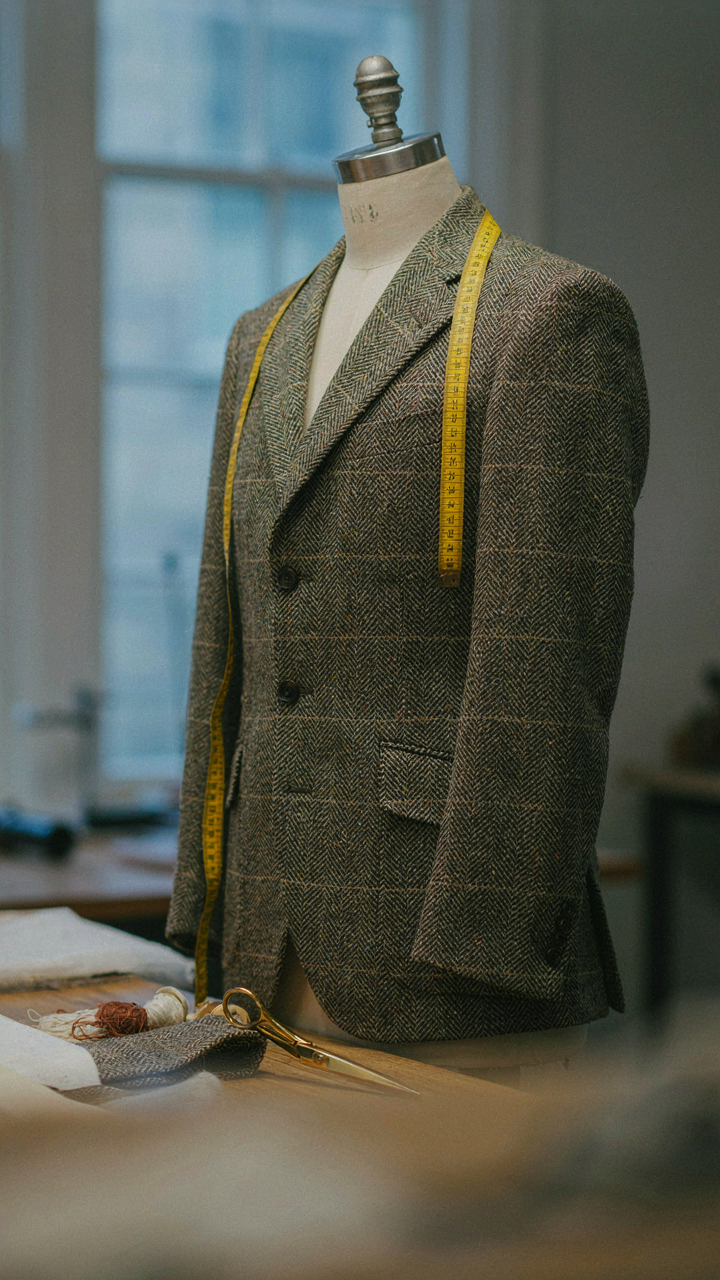 A measuring tape on a perfectly fitted tweed jacket on a mannequin.