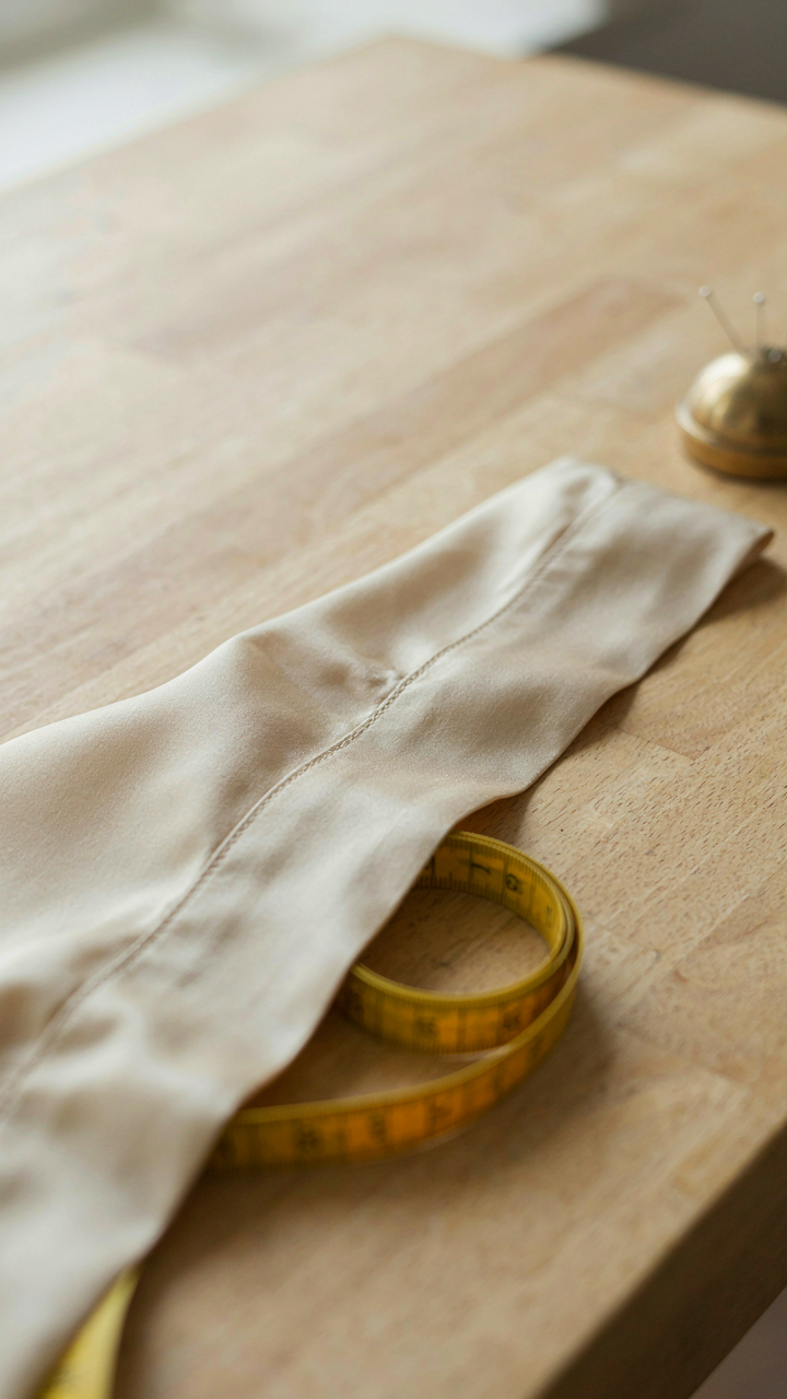 Close-up of a satin blouse's inside seam with tight stitching and wide allowance.