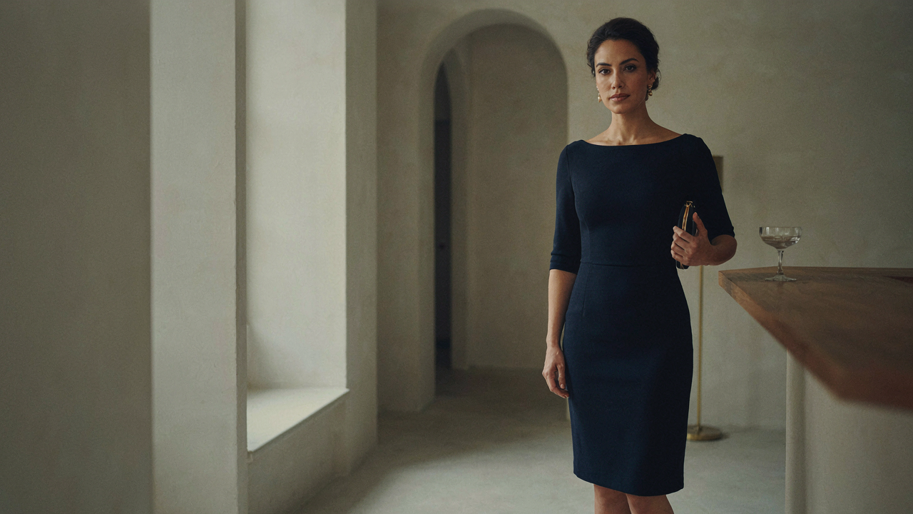 Woman in a navy boat neck cocktail dress in a minimalist lounge, exuding calm confidence.