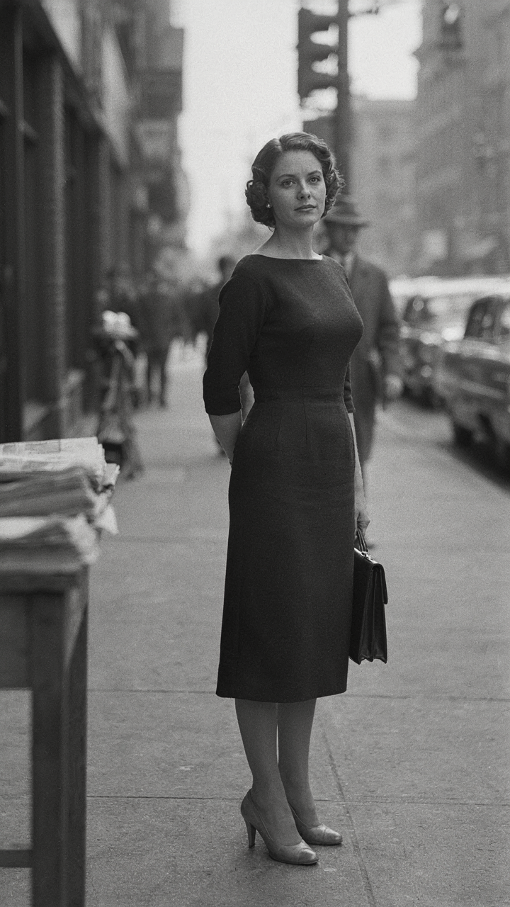 1950s woman in a boat neck dress, holding a briefcase, standing composed on a street.