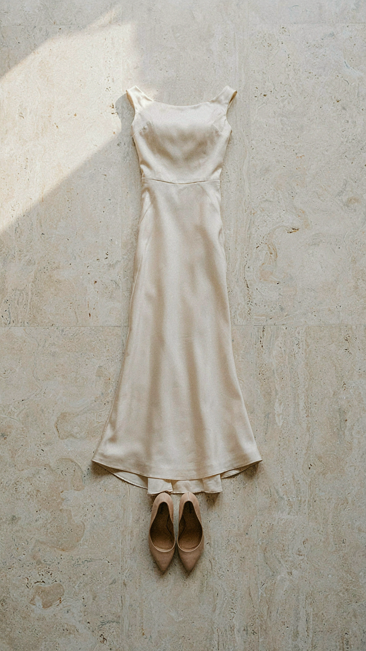 Elegant skin-tone heels next to a flowing boat neck cocktail dress.