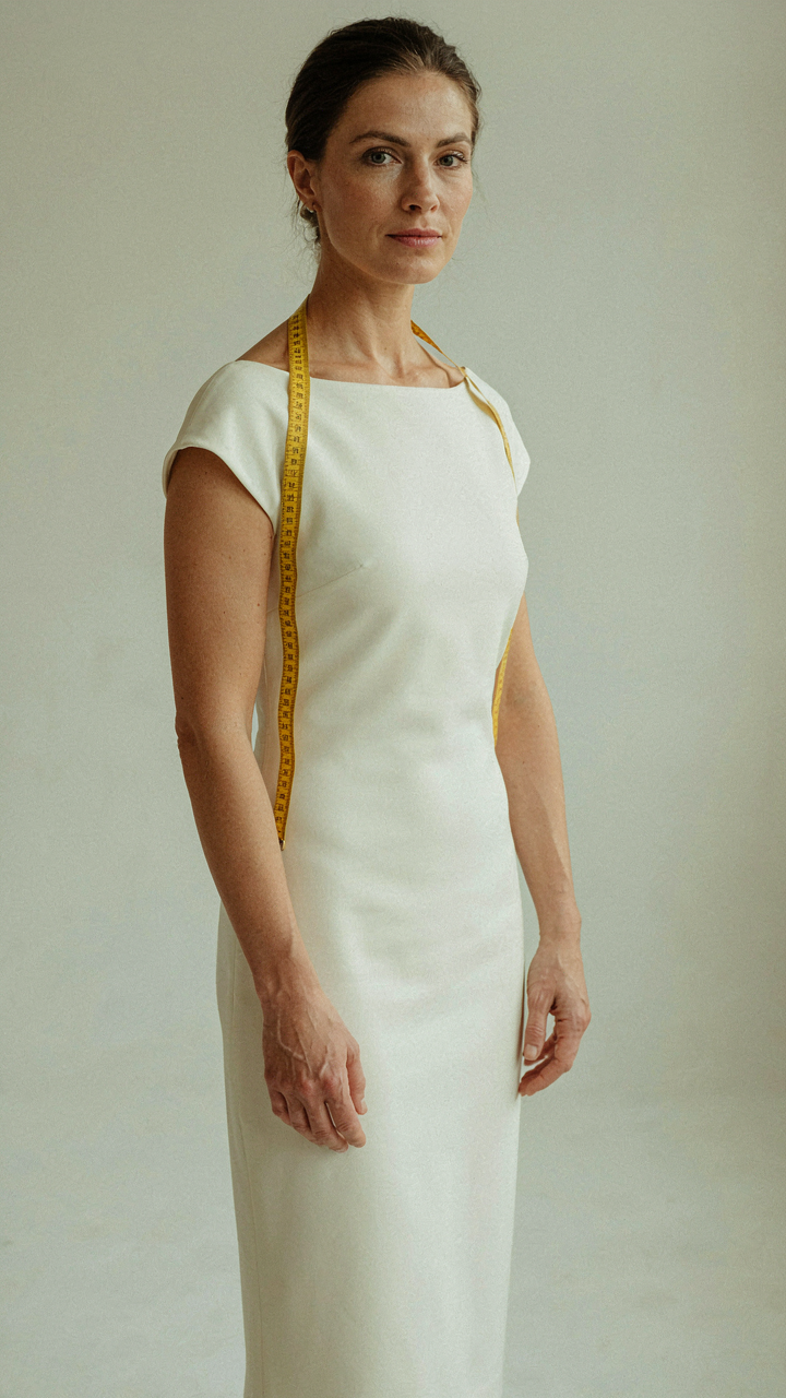 Measuring tape on a woman's shoulder, showing precise fit of a boat neck midi dress.